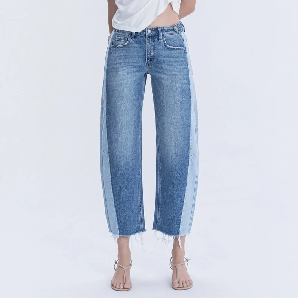 Flying Monkey High Rise Two Tone Barrel Leg Jeans - Picture 1 of 9